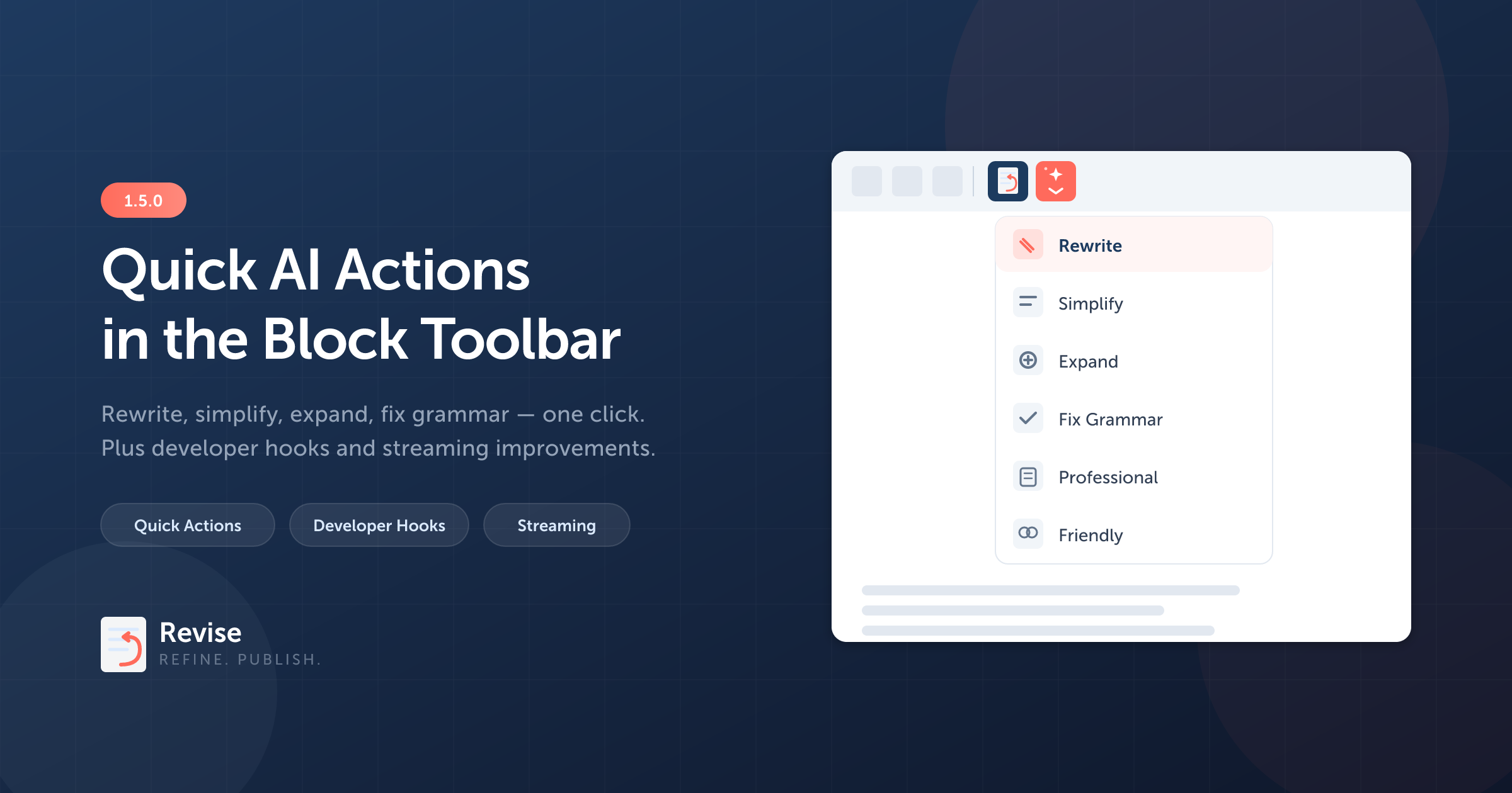 Revise 1.5.0: Quick AI Actions, Developer Hooks & a Faster Editing Experience