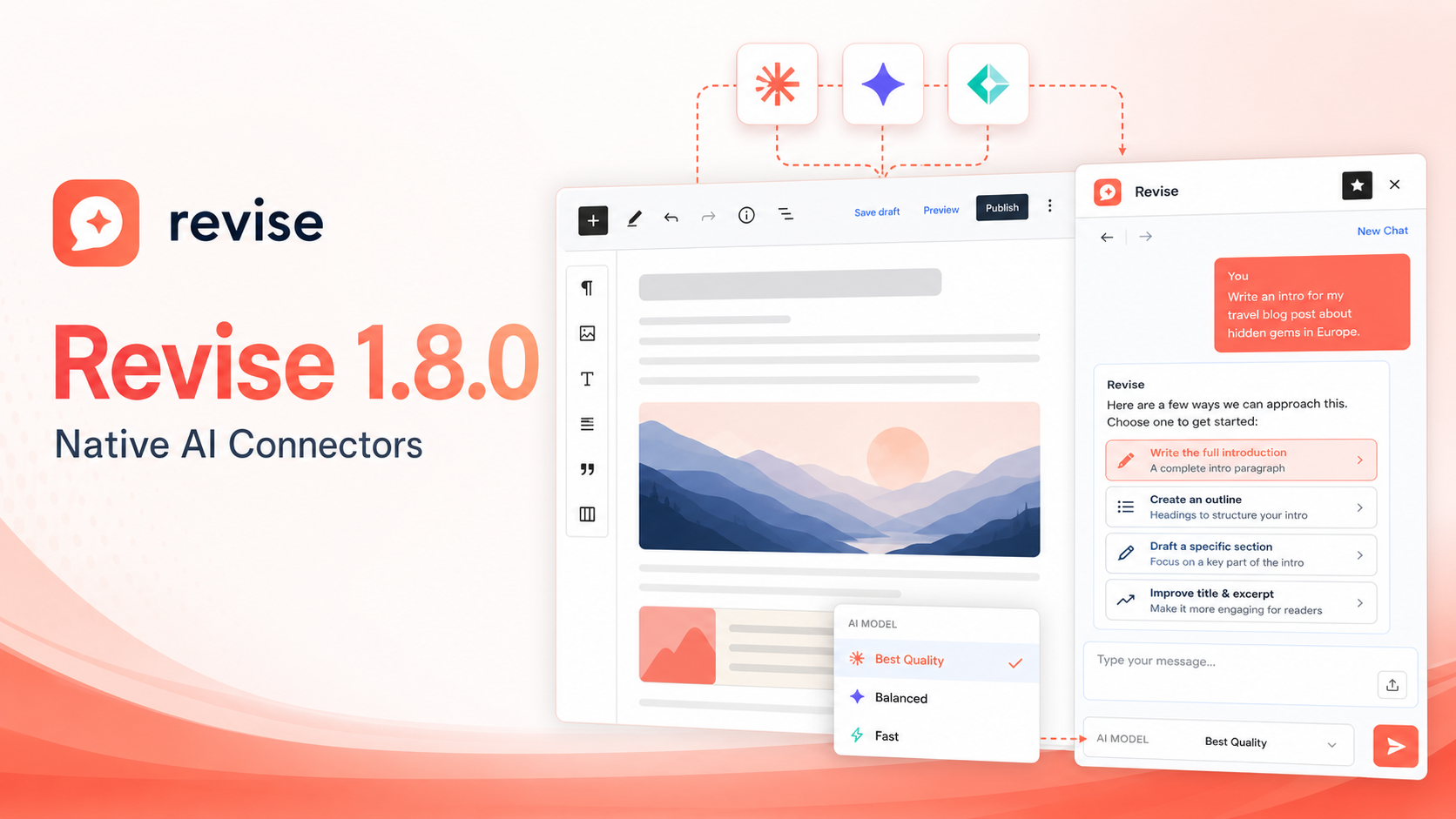 Revise 1.8.0: Native WordPress AI Connectors, Model Selection, and Clickable AI Suggestions